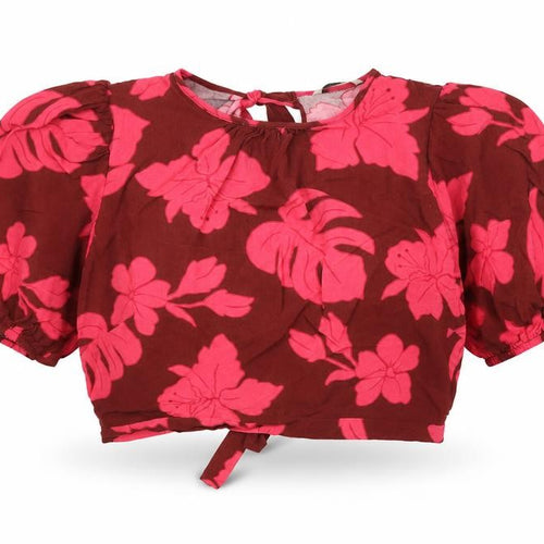 George Womens Brown Floral Viscose Cropped Blouse Size 14 Round Neck - Open Back
