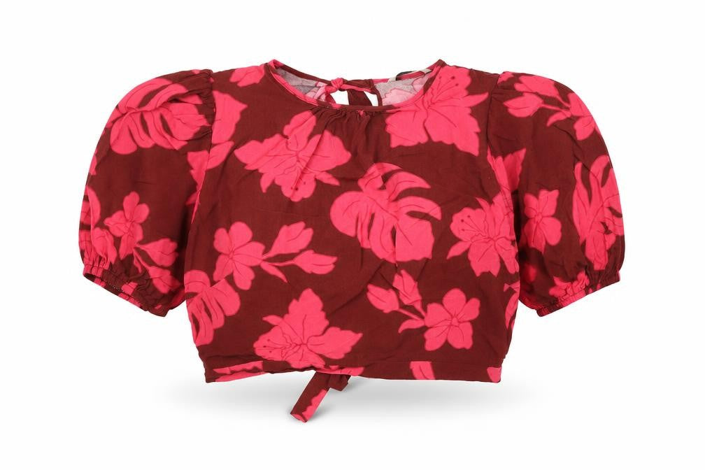 George Womens Brown Floral Viscose Cropped Blouse Size 14 Round Neck - Open Back