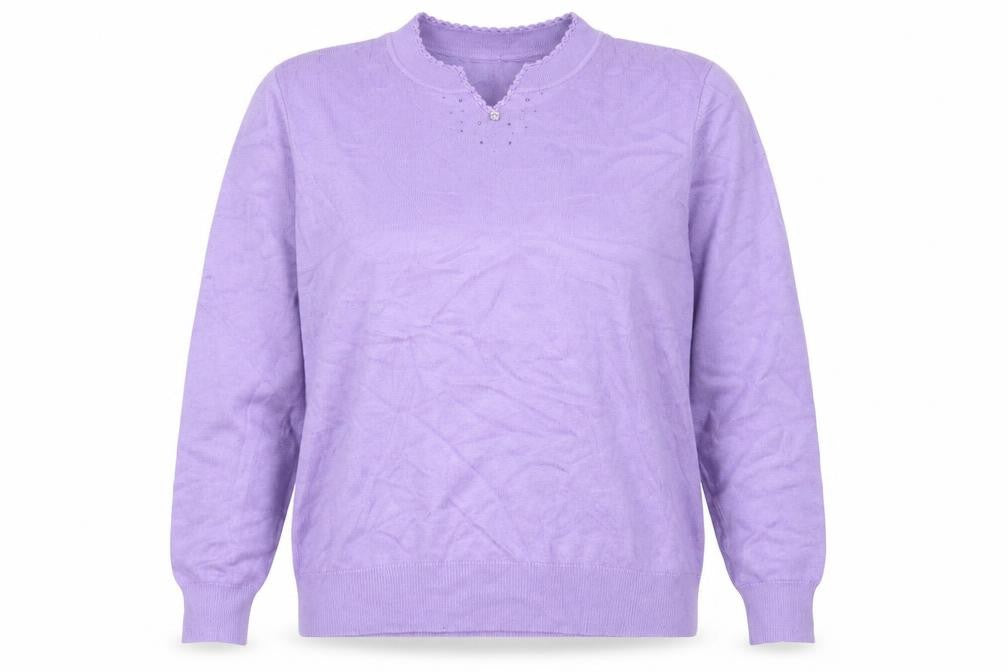 Front view of Castle women’s purple v-neck viscose jumper, size UK 14