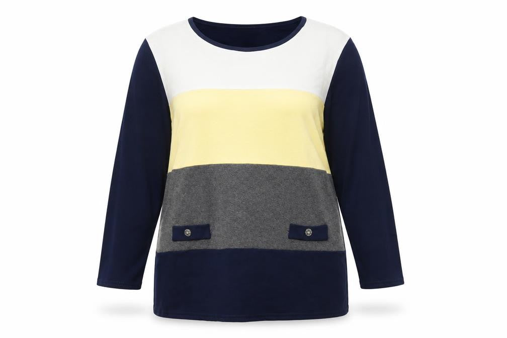 Front view of Just Elegance women’s multicoloured round neck striped viscose jumper, size UK 18