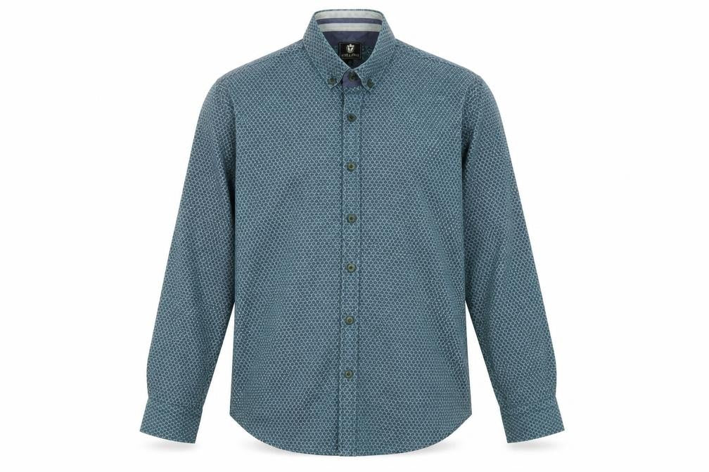 Front view of Stell & Jelly men’s blue geometric cotton button-up, size S, collared button
