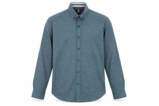 Front view of Stell & Jelly men’s blue geometric cotton button-up, size S, collared button