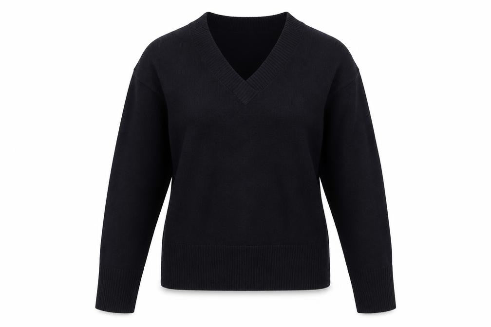 Front view of Marks & Spencer women’s blue v-neck acrylic jumper, size UK 8