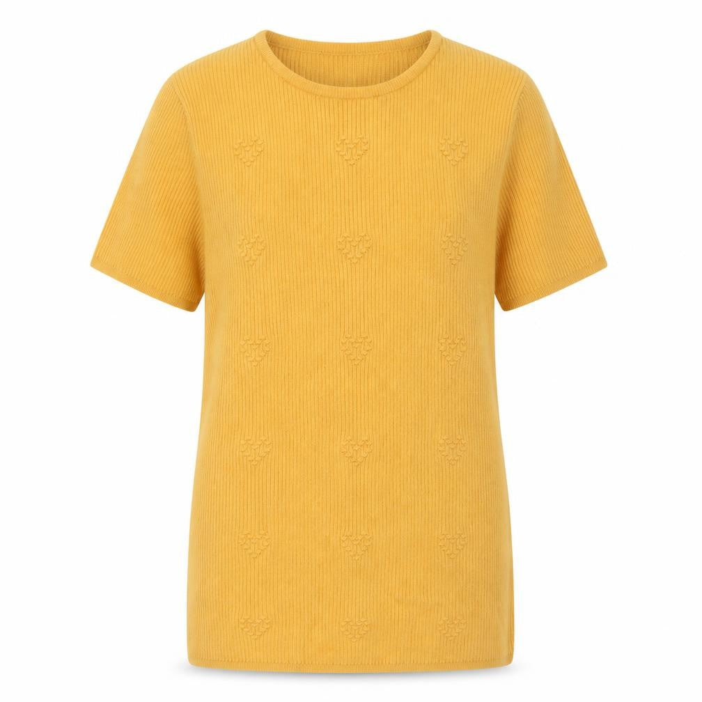 Front view of Tu women’s yellow round neck geometric viscose jumper, size UK 12, - ribbed