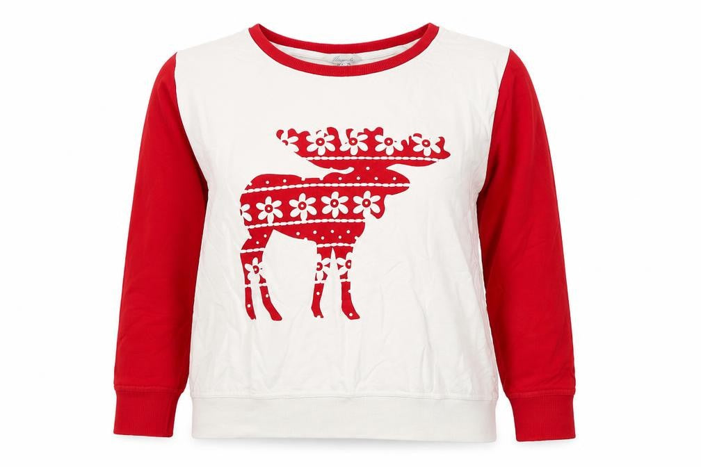 Front view of Peacocks women’s red geometric 100% cotton pullover sweatshirt, size L, pullover - reindeer