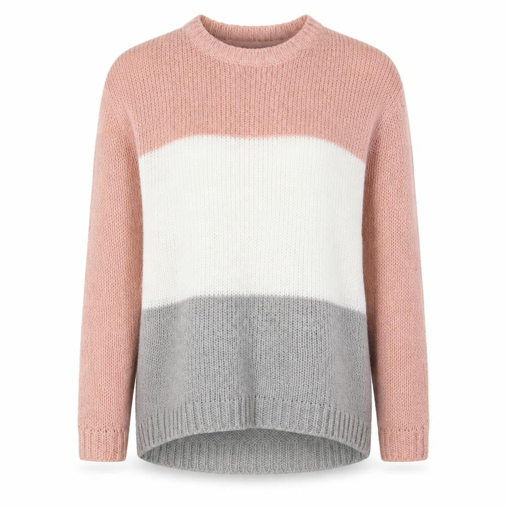 Front view of Select women’s multicoloured crew neck striped acrylic jumper, size UK 6