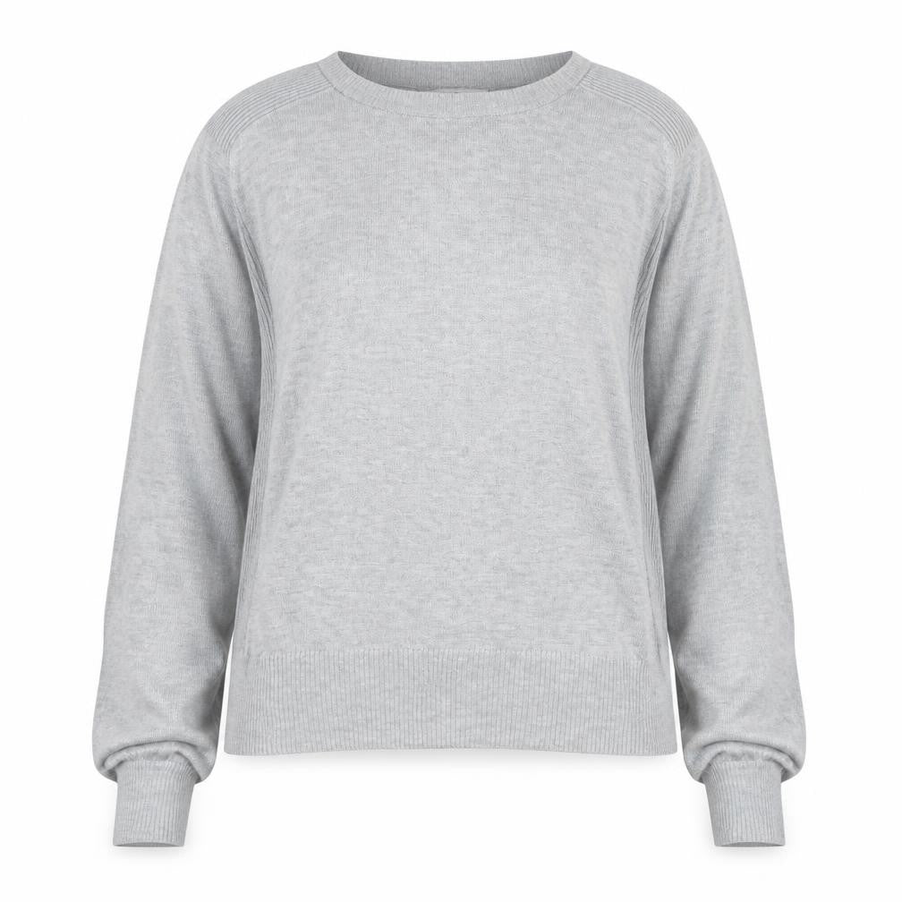 Front view of Next women’s grey round neck polyester jumper, size UK 10, - bell sleeve