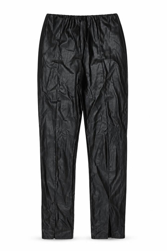 Front view of PRETTYLITTLETHING women’s black polyethylene trousers, size UK 6, 31-inch leg regular