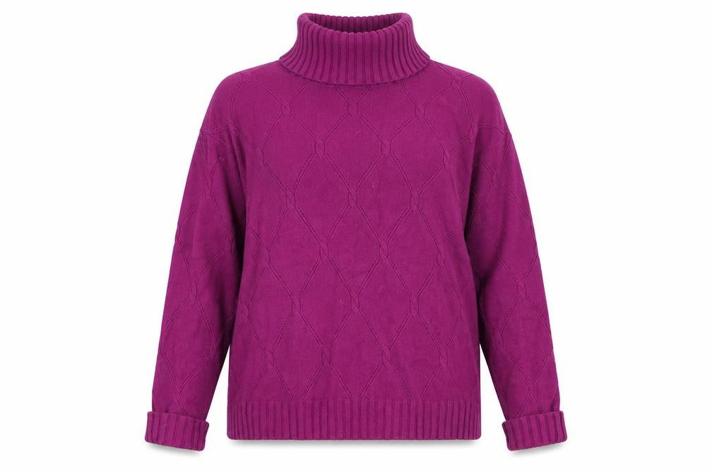Front view of Preworn women’s purple roll neck viscose jumper, size S