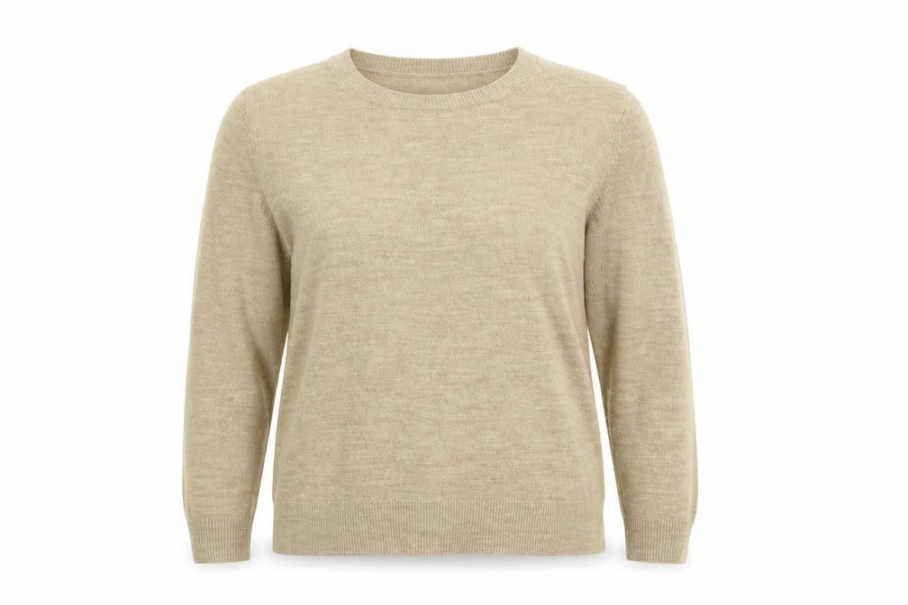 Front view of Marks & Spencer women’s beige round neck acrylic jumper, size UK 14