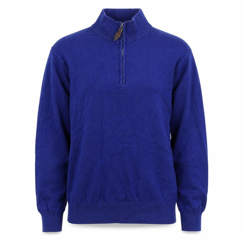 Front view of Harvey & Jones men’s blue cotton pullover sweatshirt, size M