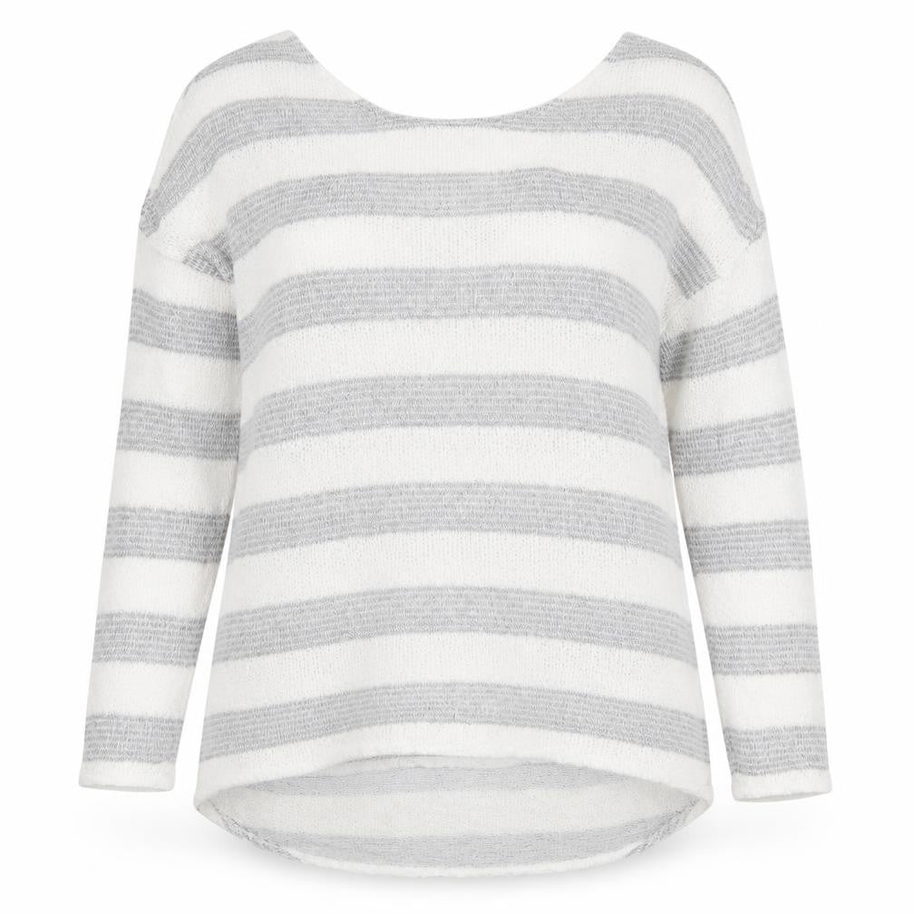 Front view of Next women’s white round neck striped viscose jumper, size UK 16