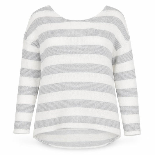 Front view of Next women’s white round neck striped viscose jumper, size UK 16