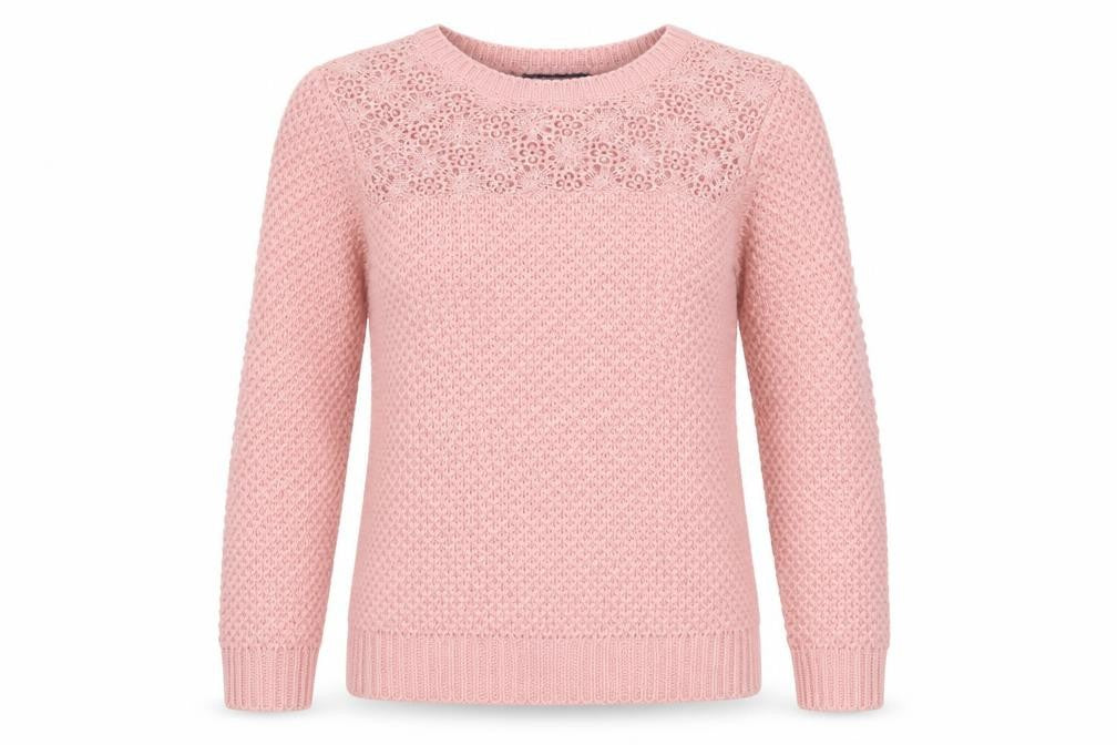Front view of Kaibi women’s pink round neck acrylic jumper, size M, - lace accent