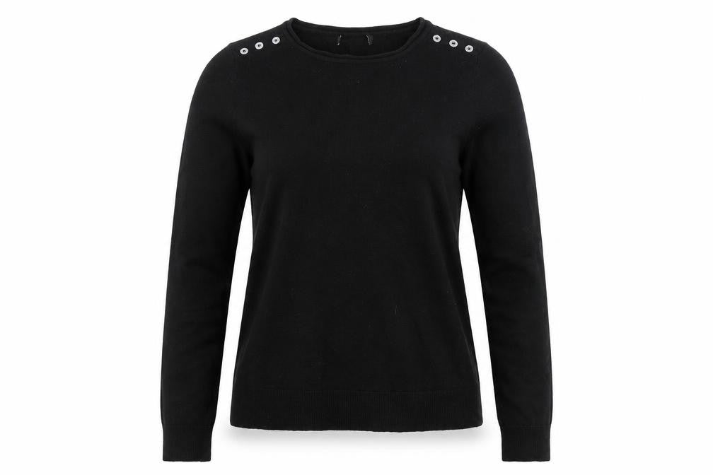 Front view of Atmosphere women’s black round neck acrylic jumper, size UK 8