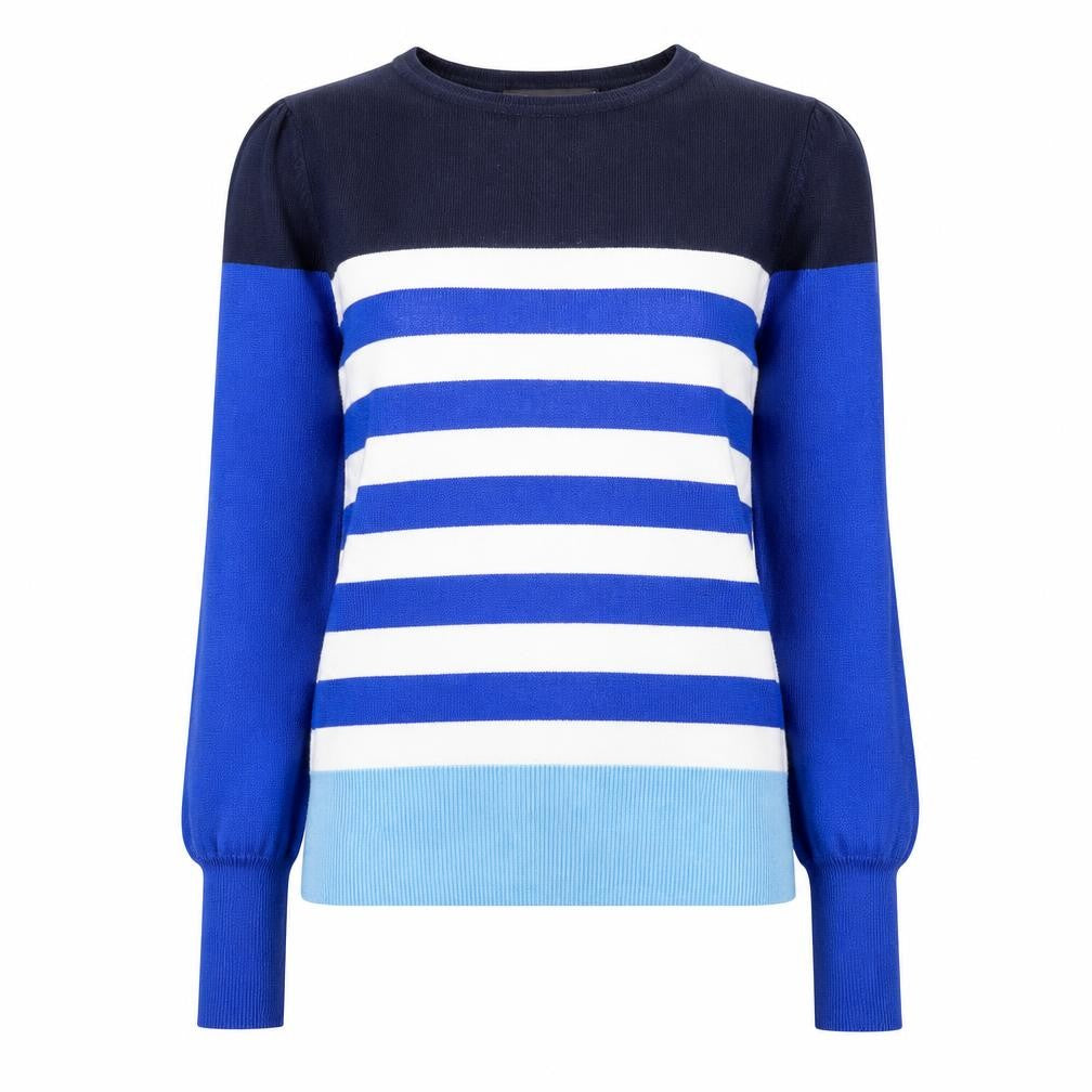 Front view of Marks & Spencer women’s blue round neck striped viscose jumper, size UK 6