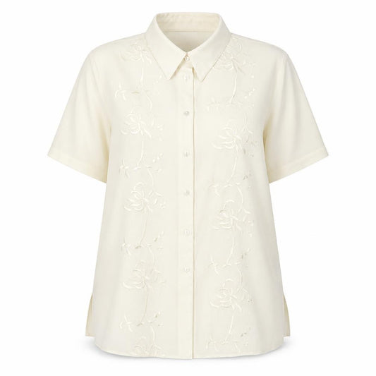 Front view of FOSBY women’s ivory polyester basic button-up, size UK 14, collared