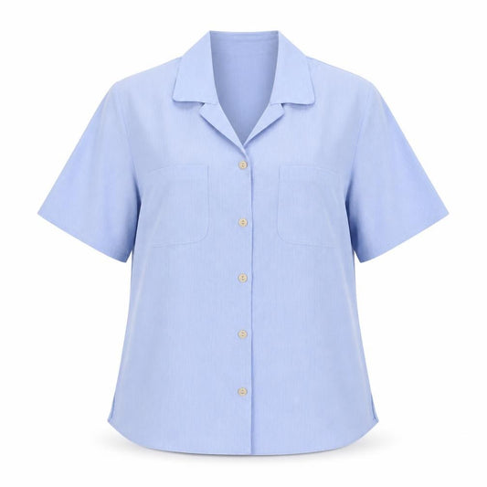 Front view of Berkertex women’s blue polyester basic button-up, size UK 14, collared