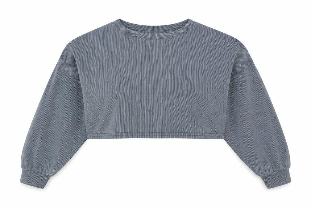 Front view of Nasty Gal women’s blue striped polyester pullover sweatshirt, size UK 10, pullover - cropped
