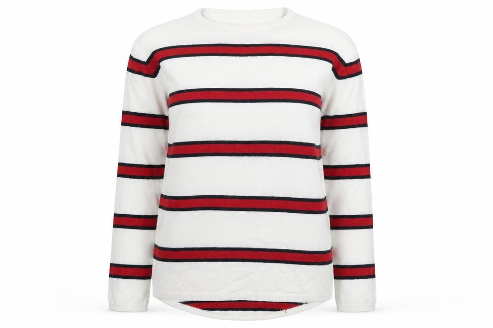 Front view of Beloved women’s white round neck striped viscose jumper, size S