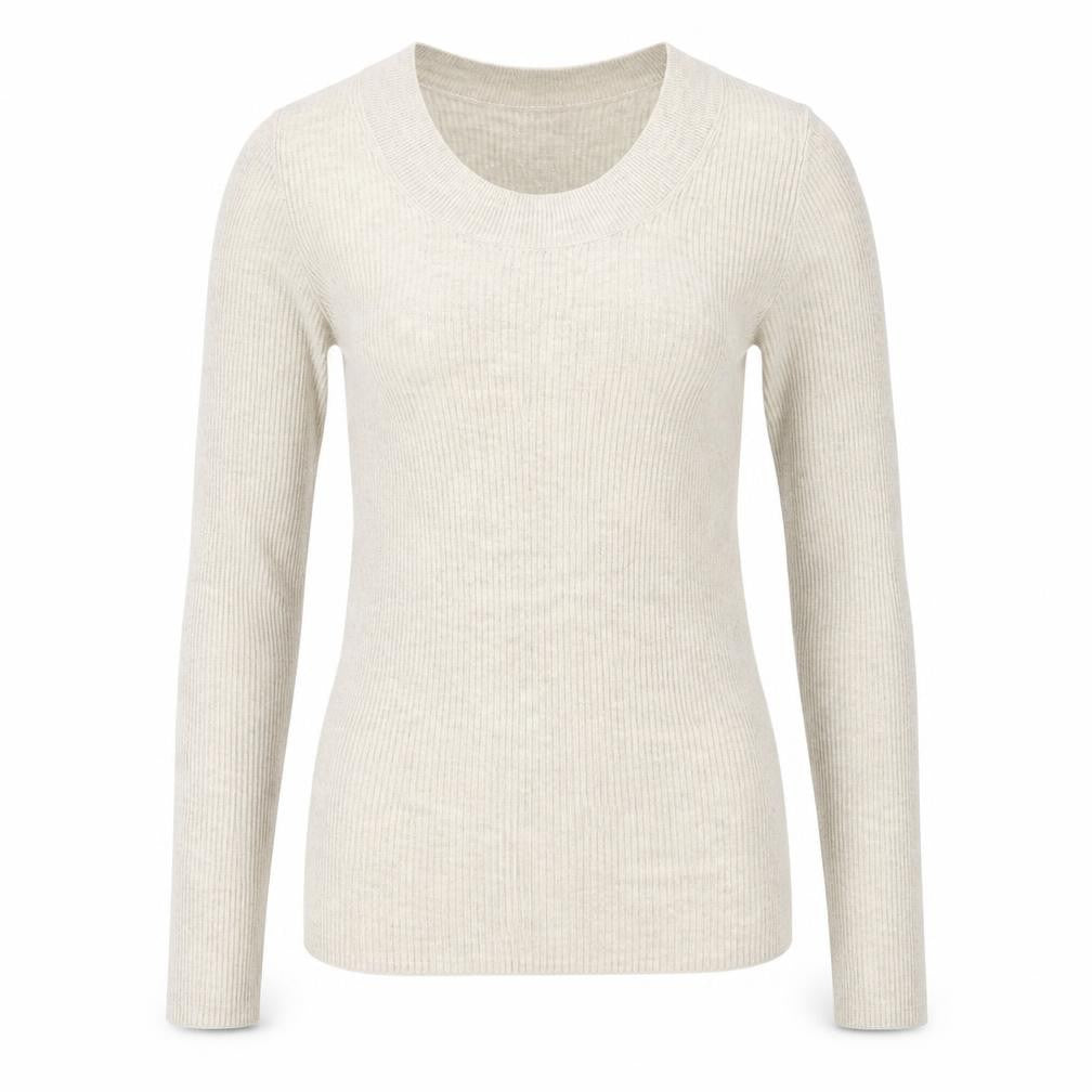 Front view of H&M women’s beige acrylic basic blouse, size XS, scoop neck