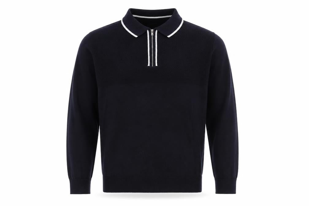 Front view of Easy men’s blue collared acrylic jumper, size S