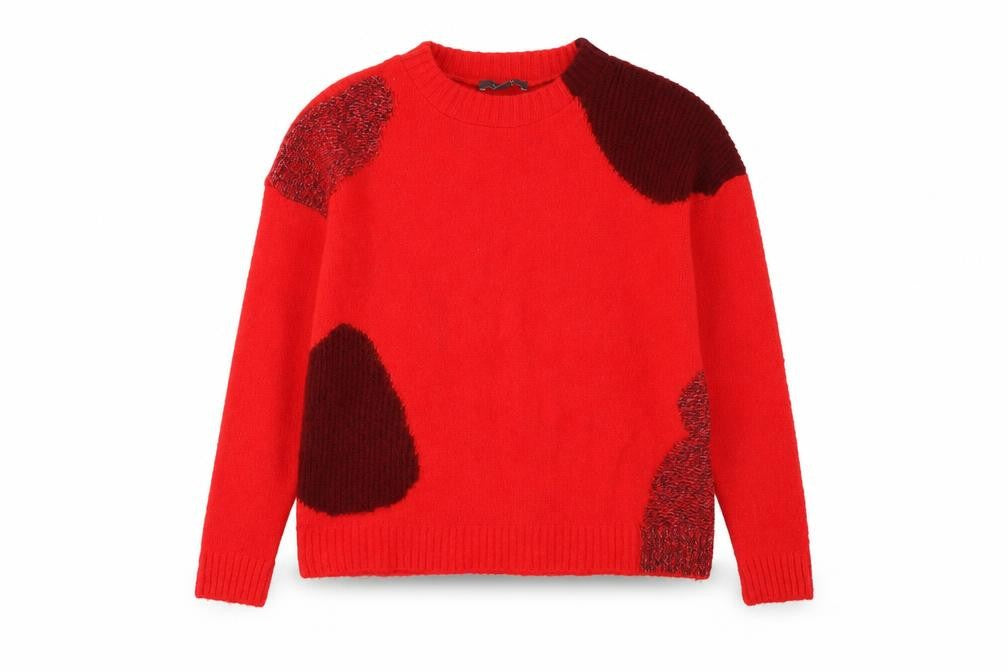 Front view of Primark women’s red mock neck acrylic jumper, size XS