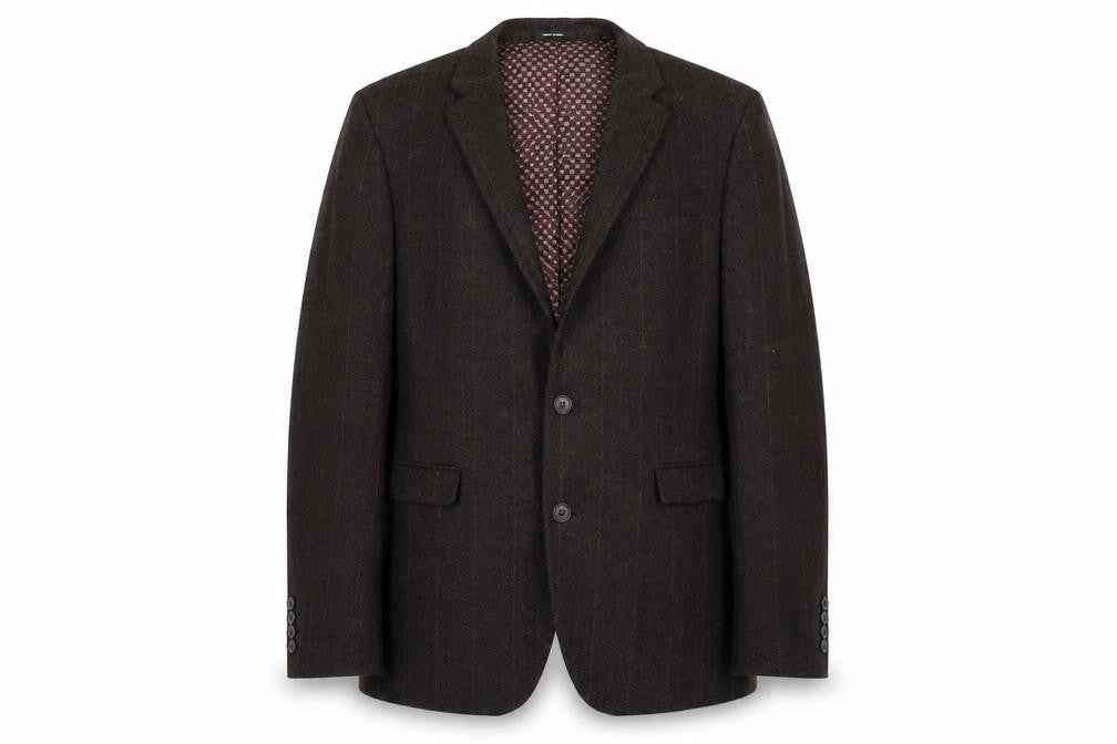 Front view of Cedarwood State men’s brown striped wool jacket suit jacket, size M
