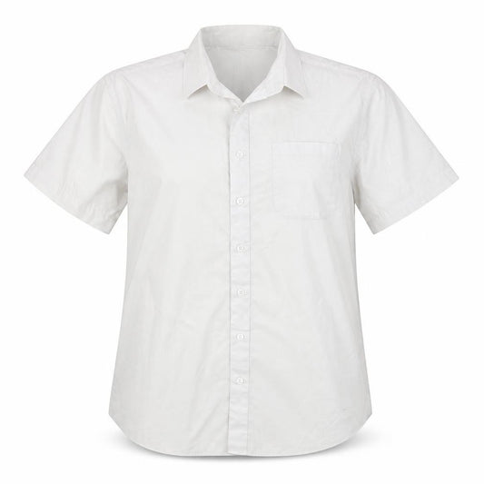 Front view of John Lewis women’s white polyester basic button-up, size UK 14, collared