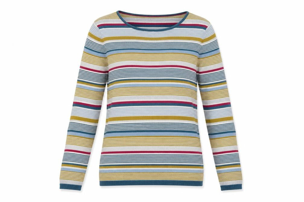 Front view of Never Fear women’s multicoloured round neck striped cotton jumper, size UK 12