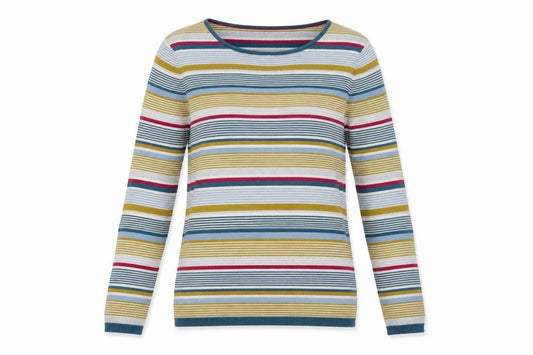 Front view of Never Fear women’s multicoloured round neck striped cotton jumper, size UK 12