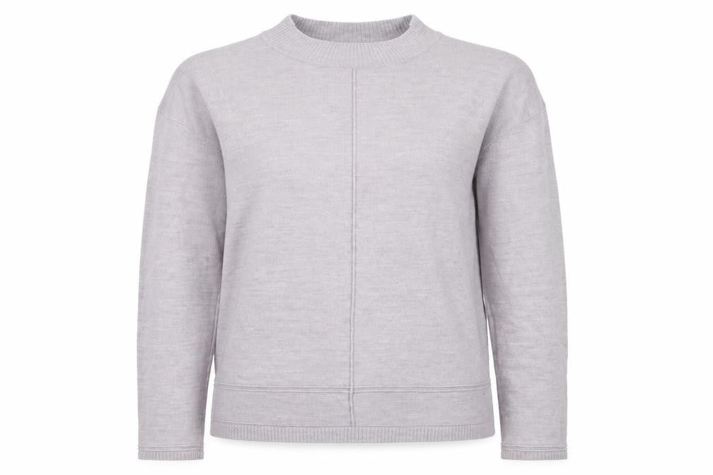 Front view of Vida Vi women’s grey mock neck acrylic jumper, size M