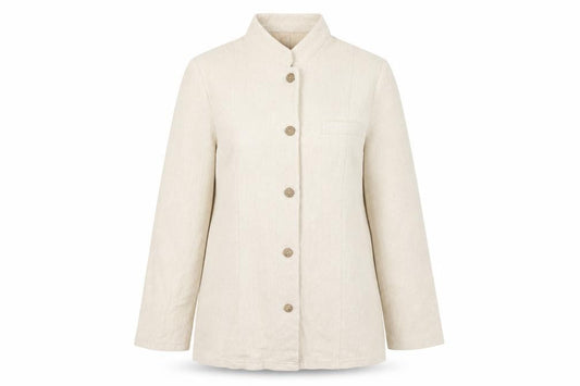 Front view of Preworn women’s beige jacket, size L, button