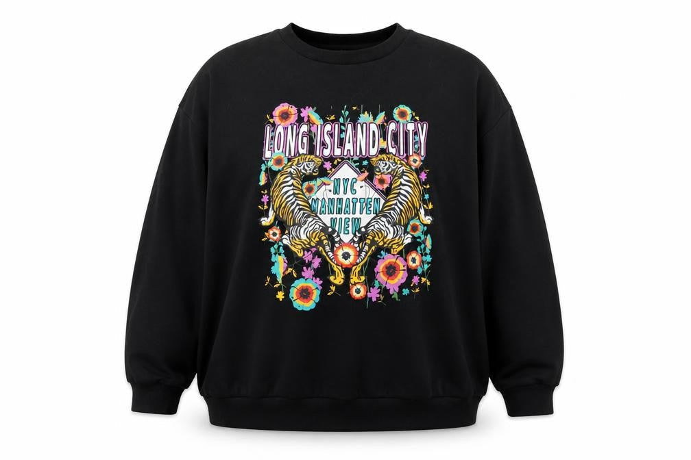 Front view of women’s black polyester pullover sweatshirt, size XL, pullover - long island city
