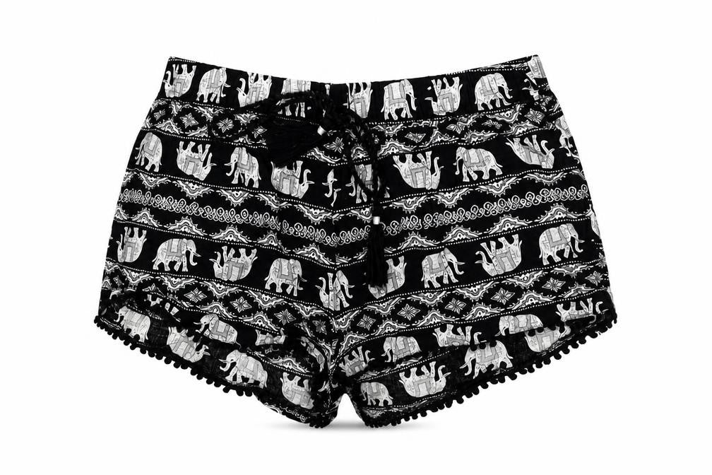 Front view of Primark women’s black geometric viscose hot pants shorts, size UK 6, regular drawstring