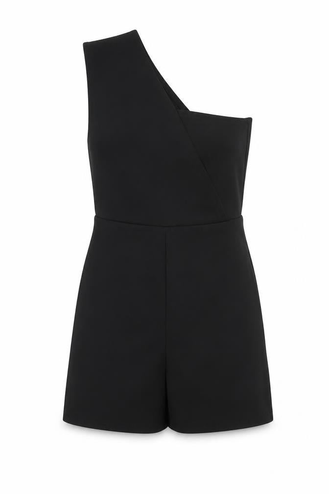 Front view of PRETTYLITTLETHING women’s black polyester playsuit one-piece, size UK 8, 3-inch leg pullover