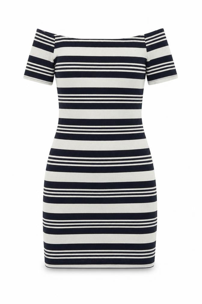 Front view of Topshop women’s blue striped polyester bodycon, size UK 10, off the shoulder pullover