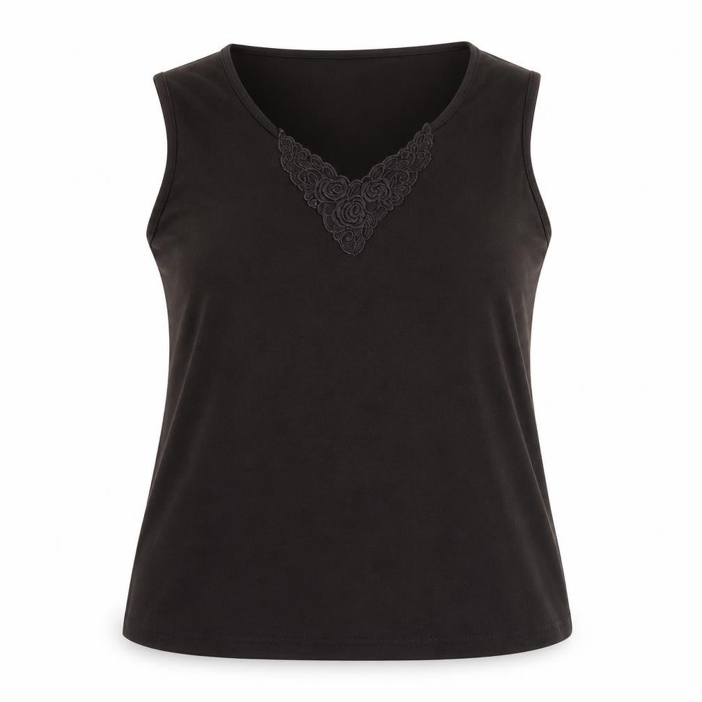 Front view of Berkertex women’s brown polyester basic tank, size UK 16, v-neck - flower lace detailing