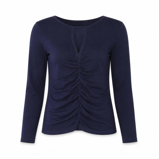 Front view of Avocado women’s blue polyester basic blouse, size S, round neck