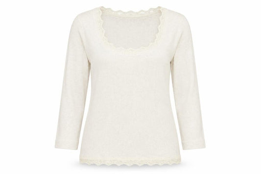 Front view of Wrap women’s ivory cotton basic blouse, size UK 12, scoop neck - lace detailing