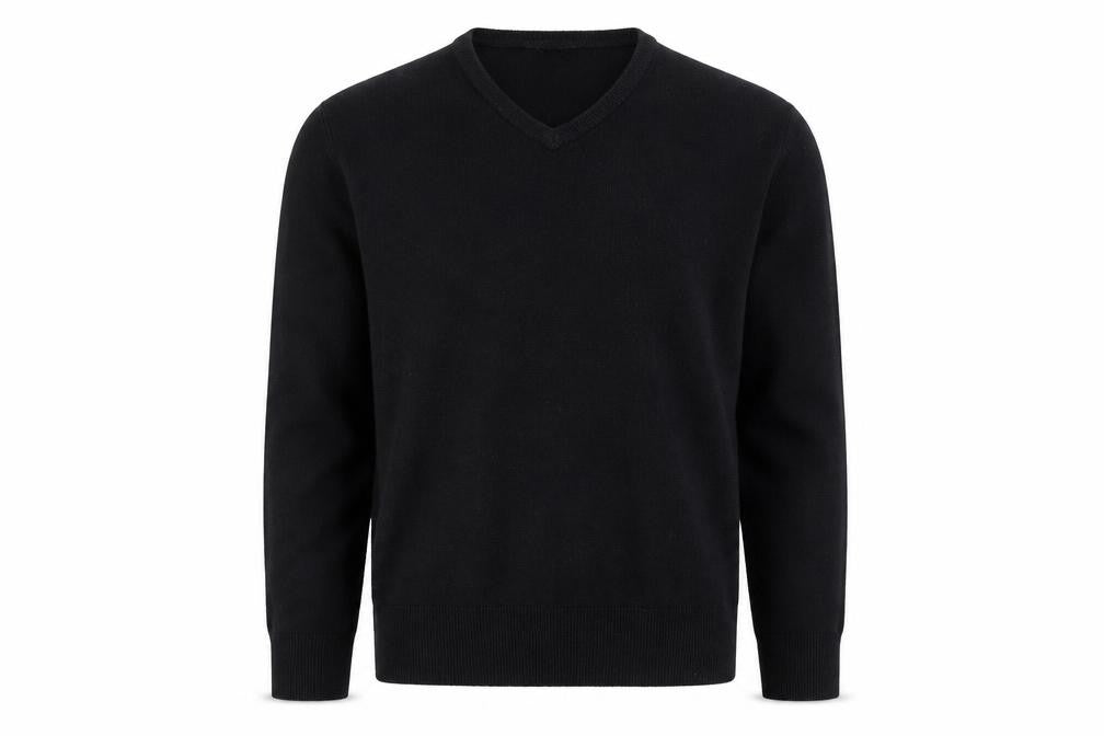 Front view of Cutting Edge men’s black v-neck acrylic jumper, size M