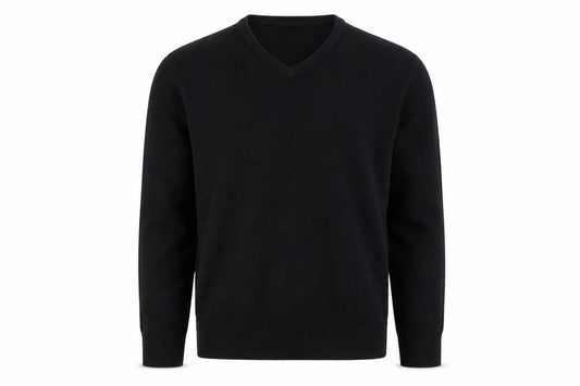 Front view of Cutting Edge men’s black v-neck acrylic jumper, size M