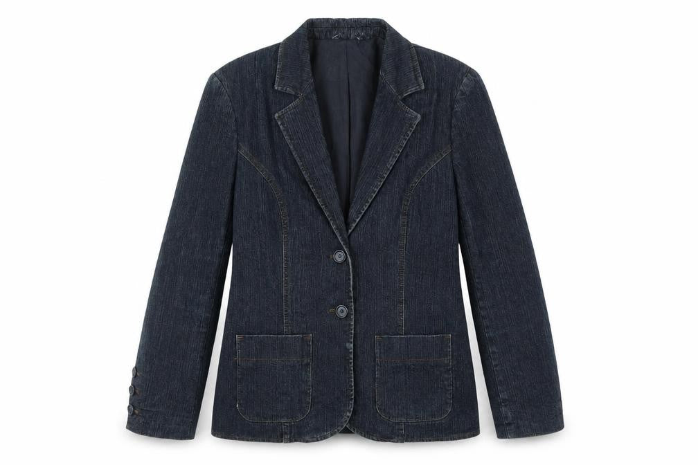 Front view of Preworn women’s blue cotton jacket blazer, size M, - pockets