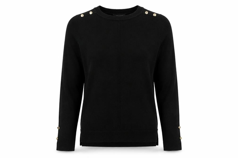 Front view of Primark women’s black round neck acrylic jumper, size S
