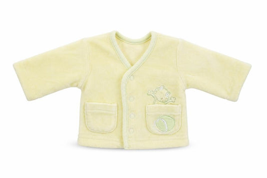 Front view of Little Bundle Baby Yellow Cotton jumper, size 0-3, Months Snap - To fit 1.6kg, embroidered frog