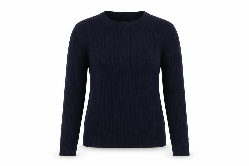Front view of Marks & Spencer women’s blue round neck acrylic jumper, size UK 12