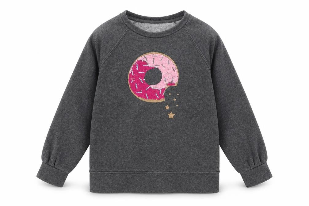 Front view of Gap girls’ grey cotton pullover sweatshirt, size 8, years pullover - donut