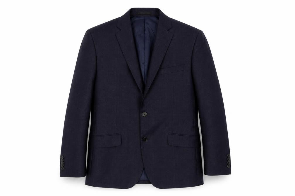 Front view of T.MLEWIN men’s blue plaid wool jacket suit jacket, size 40
