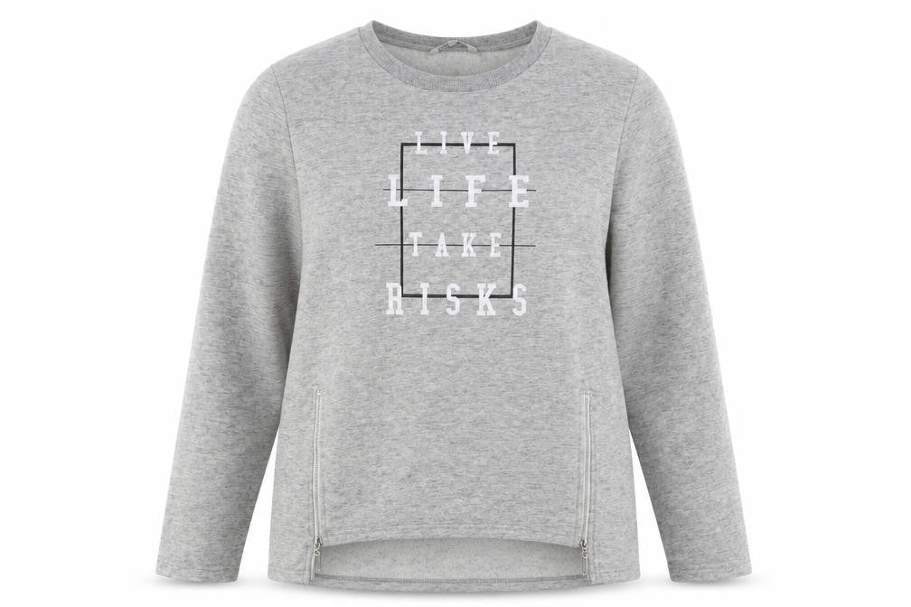 Front view of Peacocks women’s grey cotton pullover sweatshirt, size UK 12, pullover - live life take risks