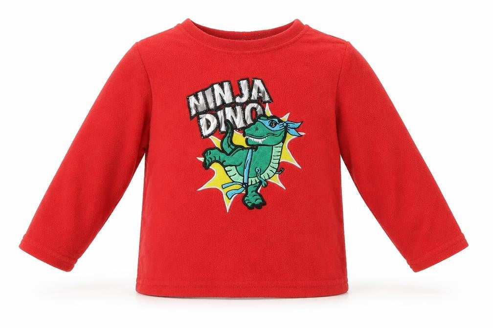 Front view of Primark boys’ red polyester basic t-shirt, size 18-24, months round neck pullover - ninja dino